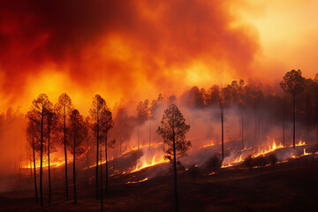 Dramatic Wildfire Engulfs Forest Landscape in Flames Under a Smoky Orange Sky