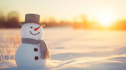 Fototapeta premium Cute adorable snowman wearing a scarf and hat standing in snow on a sunny winter day