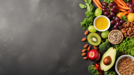 Healthy food clean eating selection. Fruits and vegetables, superfoods, top view, copy space