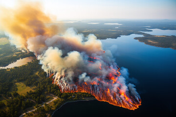 Aerial View of a Devastating Wildfire Engulfing a Forested Peninsula on a Serene Lake