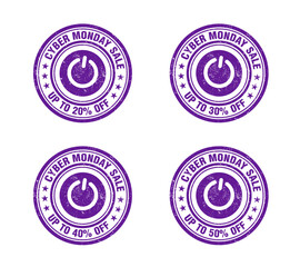 Cyber monday sale, violet grunge stamp set. Sale 20, 30, 40, 50 percent off