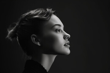 Portrait of young woman in profile close up, Black and white, Low key - obrazy, fototapety, plakaty