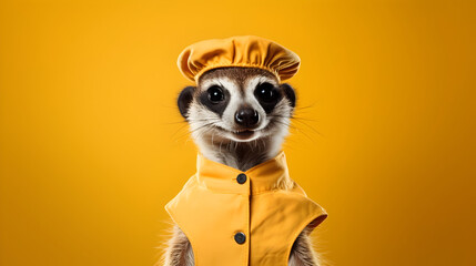 Friendly meerkat wearing a chef's apron, lovely small mongoose