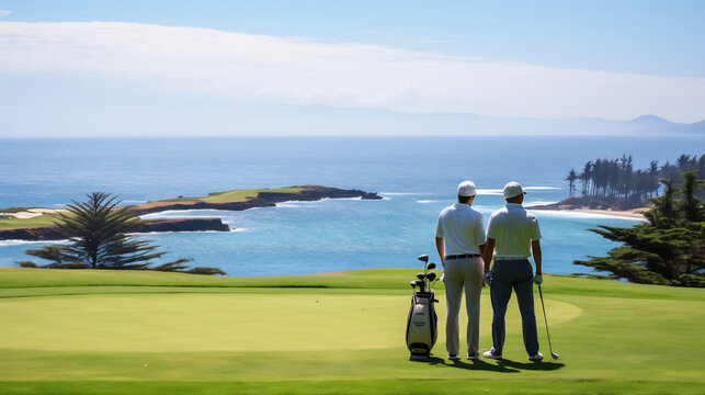 Two man standing on the beautiful golf course with a panoramic view of the ocean in the background