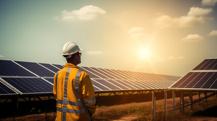 Back view professional worker standing among field with solar panels and writing on clipboard. Concept of green energy