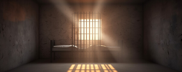 Prison cell with rays of light from the window - obrazy, fototapety, plakaty