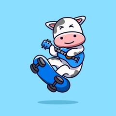 cow playing guitar while riding skateboard