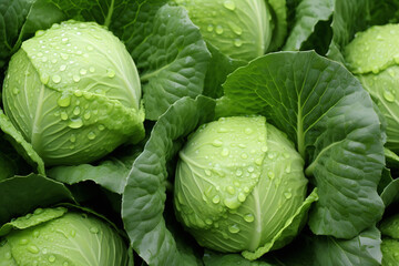 Fototapeta premium Fresh Green Cabbages with Dew Drops Signifying Freshness and Organic Farming