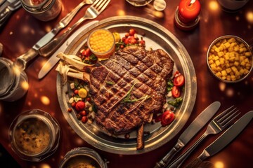 Delicious Large steaks are served on a table in a restaurant.