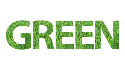 GREEN, text made from green grass or leaves isolated on transparent background, suitable for template go green concept, PNG