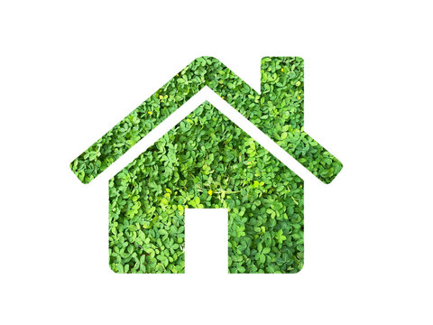 green house icon made from green grass or leaves isolated on transparent background, go green concept, PNG