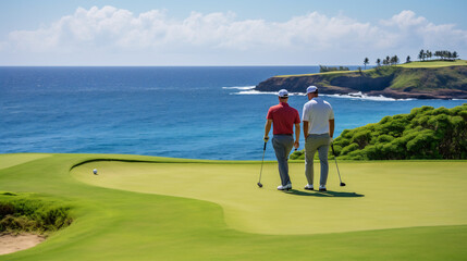 Two man standing on the beautiful golf course with a panoramic view of the ocean in the background