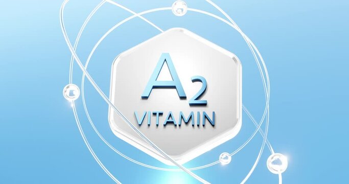 vitamin a2 sign on hexagon with rotating atoms and orbits, dehydroretinal symbol, vitamin protection concept, 3d rendering