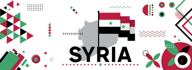Syria national or independence day banner design for Syrian celebration. Flag and map of Syria with modern retro design and abstract geometric icons. Vector illustration	