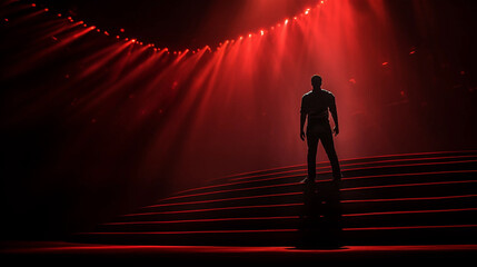 A Man Standing on a Stage Lit by Red Stage Lights