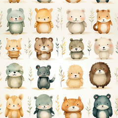 An Adorable Seamless Pattern of Watercolor Animal on Beige Background © Infinite Designs