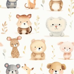 An Adorable Seamless Pattern of Watercolor Animal on Beige Background