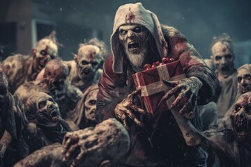 Horror zombie Santa Claus with gift box. Halloween and Christmas concept. - obrazy, fototapety, plakaty