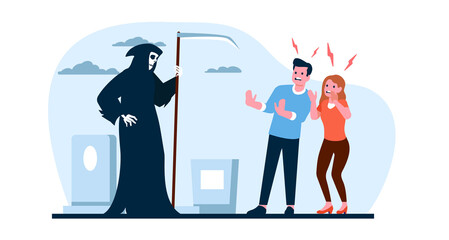 Phobia of death. People fear. Scary reaper in cape with scythe next to frightened man and woman. Panicked couple in graveyard. Spooky skeleton in cloak. png thanatophobia concept