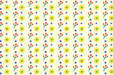 seamless pattern with colorful confetti. abstract flower background. Kids texture. Yellow backdrop. Spots and floral elements. Minimal circles. Plant leaves. Vector trendy illustration.