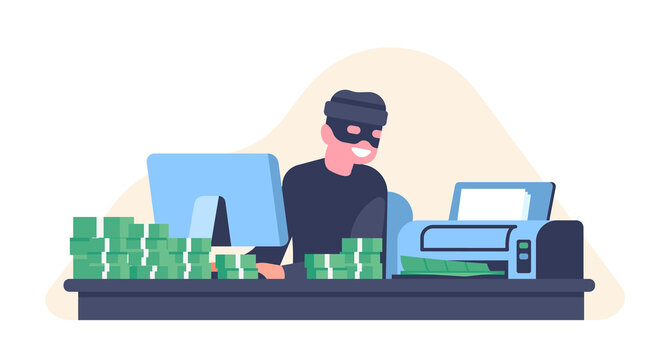 Counterfeiting money. Counterfeiter prints counterfeit cash on printer. Dollar banknotes stacks. Illegal finance. Fake currency. Criminal at computer. Financial fraud. png concept