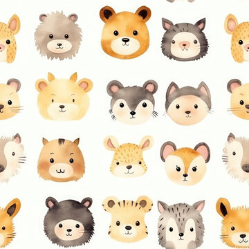 Watercolor seamless pattern with cute cartoon animal heads isolated on beige background 