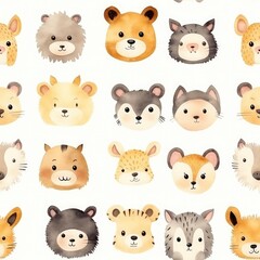 Watercolor seamless pattern with cute cartoon animal heads isolated on beige background  - obrazy, fototapety, plakaty