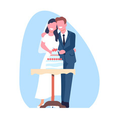 Newlyweds cutting wedding cake. Bride and groom holding knife. Happy couple with dessert. Holiday confectionery. Marriage celebration tradition. Married man and woman. png concept