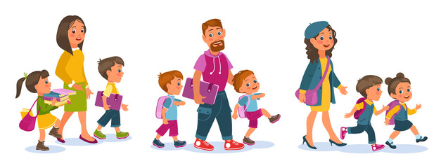 Cartoon parents with children walk. Adults accompany students. School year beginning. Kids with backpacks go to study. Babies accompaniment by mother and father. Splendid png set