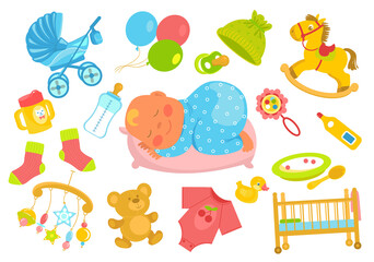 Baby accessories. Sleeping newborn. Different care supplies. Milk bottle. Bed and stroller. Childish feeding. Funny toddler products. Toys and romper. Plush bear. Splendid png set