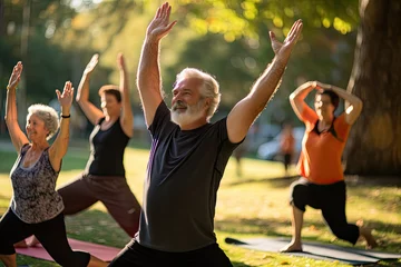 Foto op Plexiglas Senior sport enthusiasts exercising during a yoga workout class outdoors at a city park © Kien