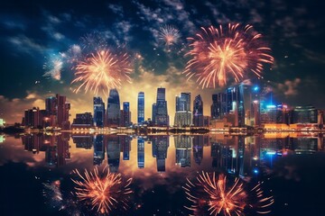 Fireworks in big cities on New Year's Day celebrations - obrazy, fototapety, plakaty