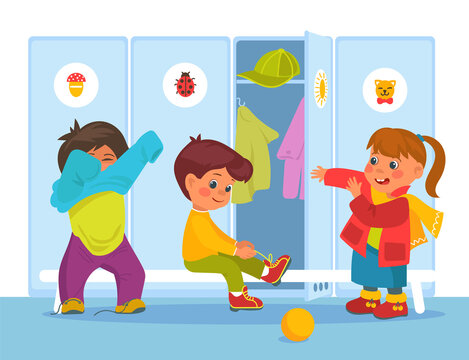 Kids locker room. Clothes cabinets in kindergarten. Children change clothes. Walk preparing. Preschoolers dress up. Boys or girls outfits. Baby putting on sweaters. Splendid png concept