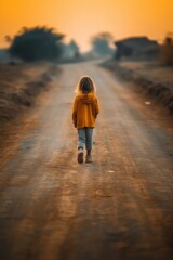 A little child walks on the road alone.