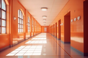Bright school corridor with empty space. Generative AI