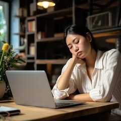 Exhausted Asian woman sits overworked needs rest fatigue taking nap near laptop. Tired Chinese girl student or freelancer fell asleep on table while long time works remotely or online studying at home