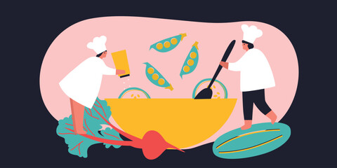 People cooking on kitchen table set vector flat illustration. Collection of various cartoon man, woman, couple and family preparing food. 
