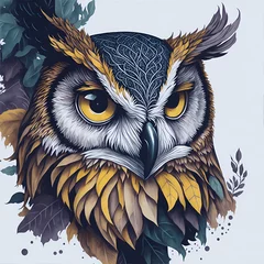 Fotobehang fearless owl isolated on white background, T Shirt Design, Logo Illustration © Rushikesh