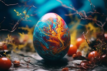 Vibrant Easter egg on a table for the holiday. Generative AI