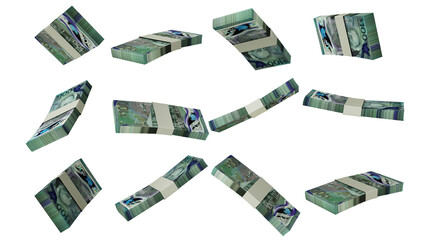 3D rendering of  stacks of 100 Barbados dollar notes flying in different angles and orientations isolated on transparent background