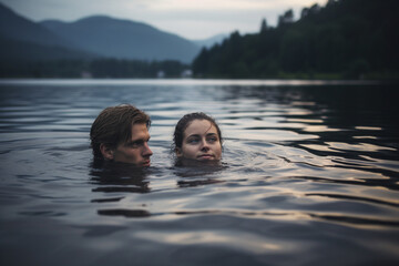 Shot of a young couple swimming together in a lake