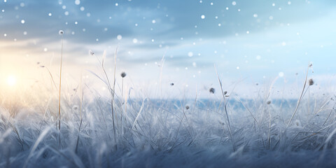 Blizzard and snowfall against the backdrop of a blurry winter landscape bokeh ,Blue Dream Landscape Snow Background with generative ai
