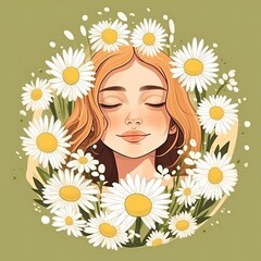 Girl with eyes closed, and Camomile flowers around Herbal hair treatment and care. Concept of health and beauty trends