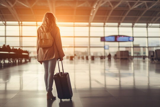 Shot of a young woman walking with her luggage through the departure lounge of an airport