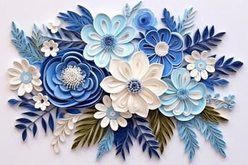 Fototapeta na wymiar Paper flowers and leaves background. 3D illustration. Top view.