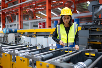 A female factory technician use a wrench to inspect the conveyor belt of the metal sheet production...