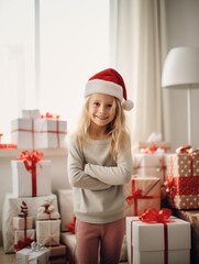 Little girl at home wearing a Santa hat standing in front of white living room with lots of Christmas gift boxes, hygge interior, Scandi room, Christmas morning, vertical photo