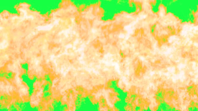 Fiery Wall of Bright Flame on Chromakey. A dense flow of a seething fiery stream from bottom to top on a green background. Slow Motion 120 fps