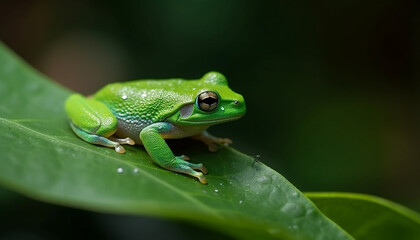 Naklejka premium Red eyed tree frog watching, sitting on wet leaf in forest generated by AI