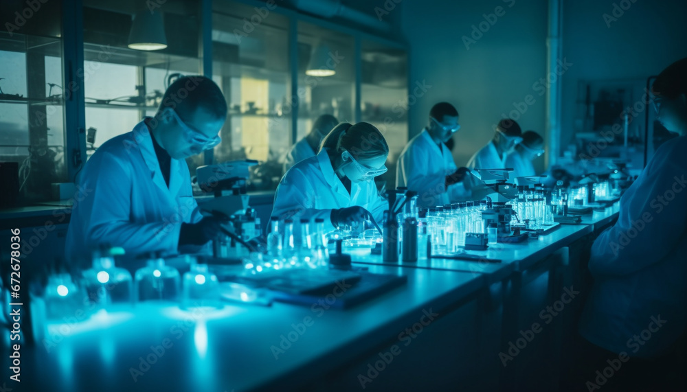Poster a team of scientists analyzing liquid in a laboratory workshop generated by ai